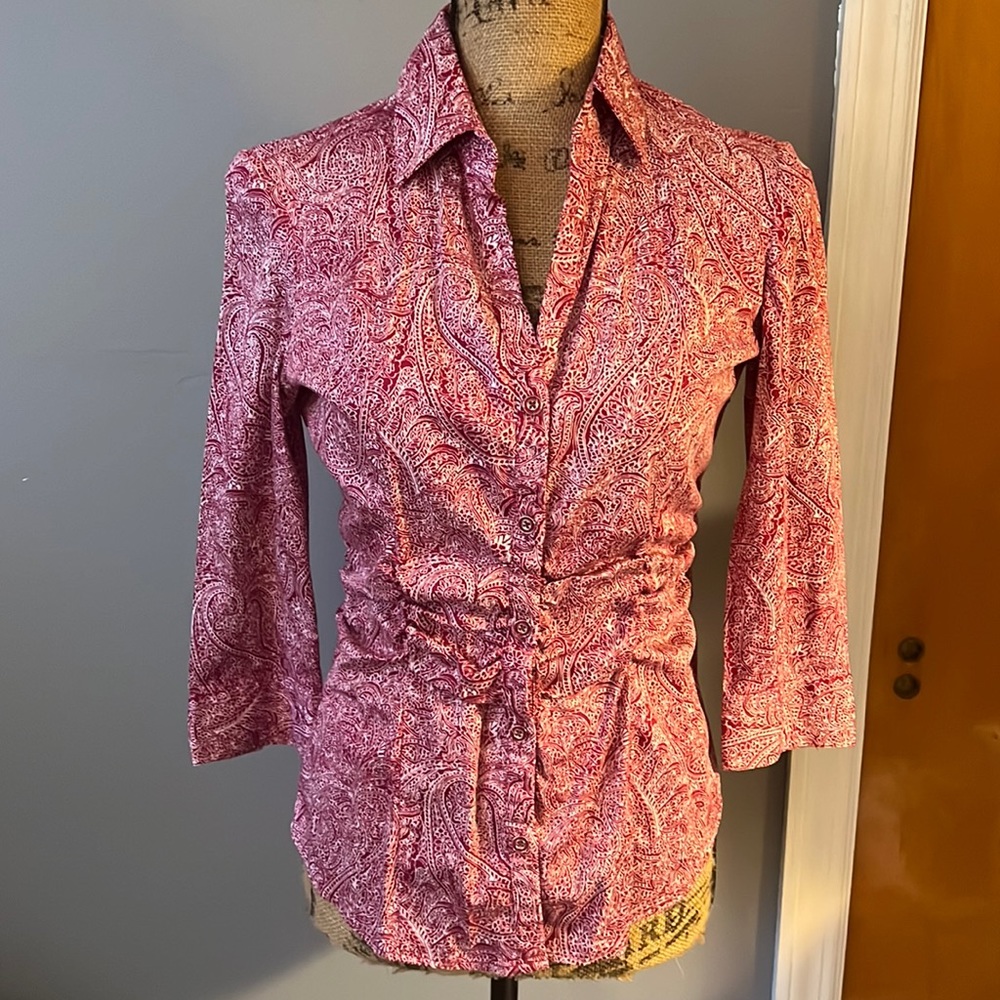 New York & Company Button Up Collared Blouse Quarter Sleeve Cinched Waist Size S